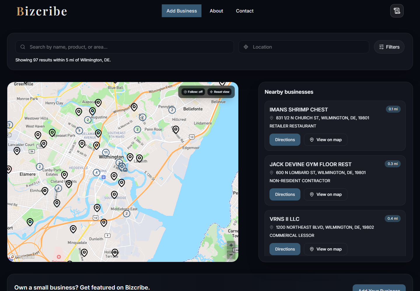 Desktop screenshot of the Bizcribe homepage.