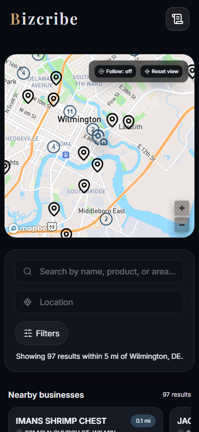 Mobile screenshot of the Bizcribe homepage.
