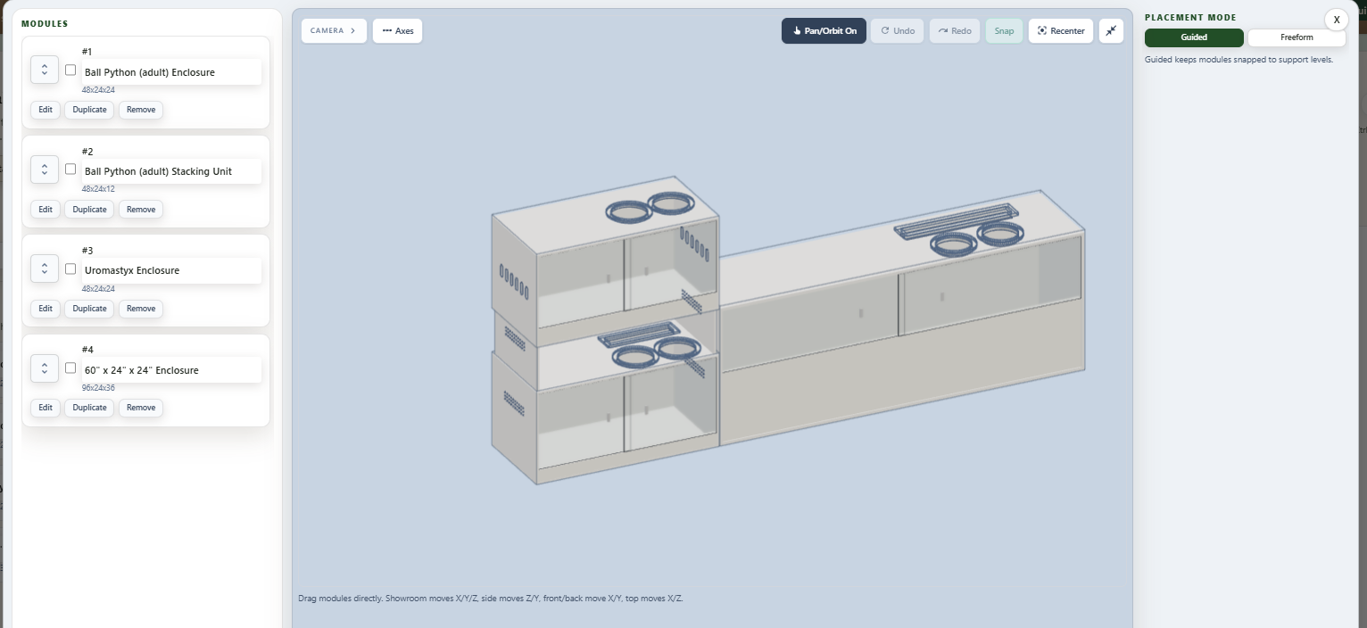 Desktop screenshot of the Realm Reptiles assembly builder with modules, guided placement, and a 3D assembly preview.