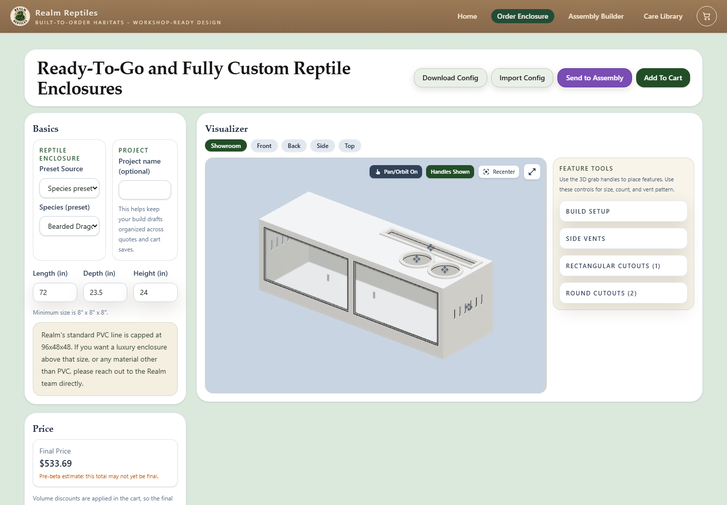 Desktop screenshot of the Realm Reptiles order enclosure builder with 3D visualizer and final price.